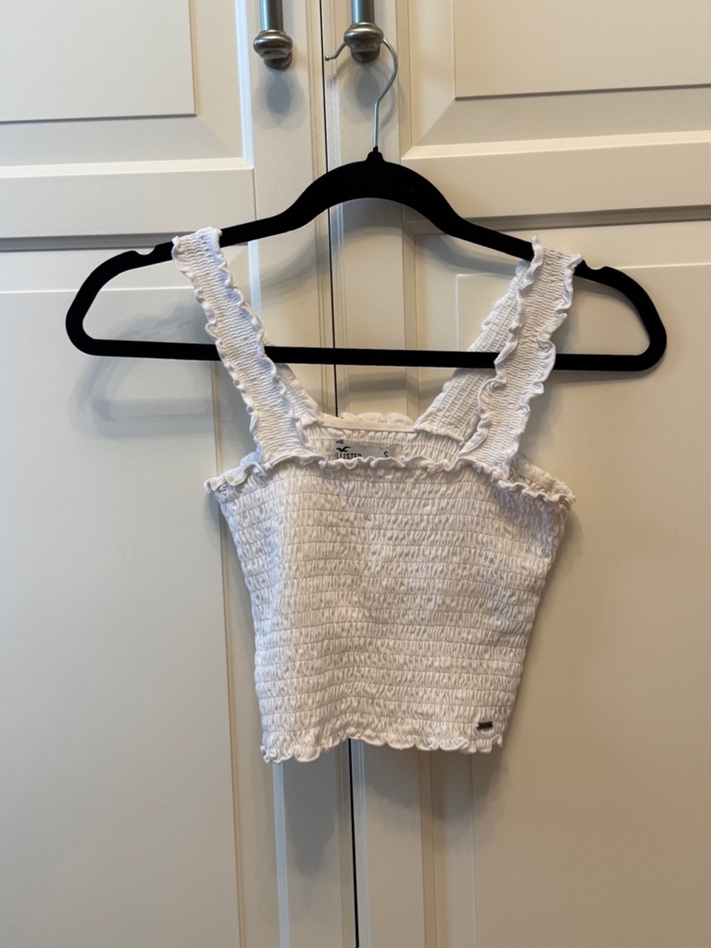 Holister White Smocked Ruffle Strap Crop Top